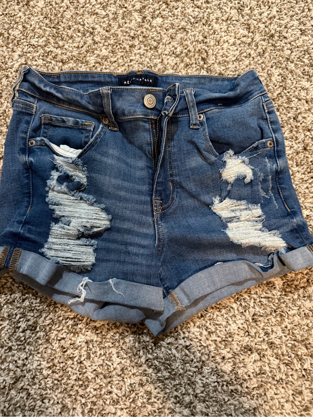 Aeropostale Distressed Dark Blue Rolled Hem Denim Shorts